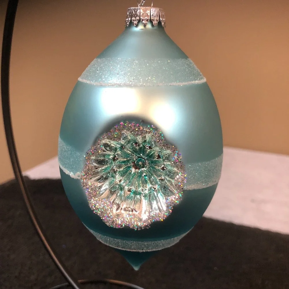3 ~Vintage Teal Glass Ornaments Frosted White Glitter Snowflakes & Reflective 5
